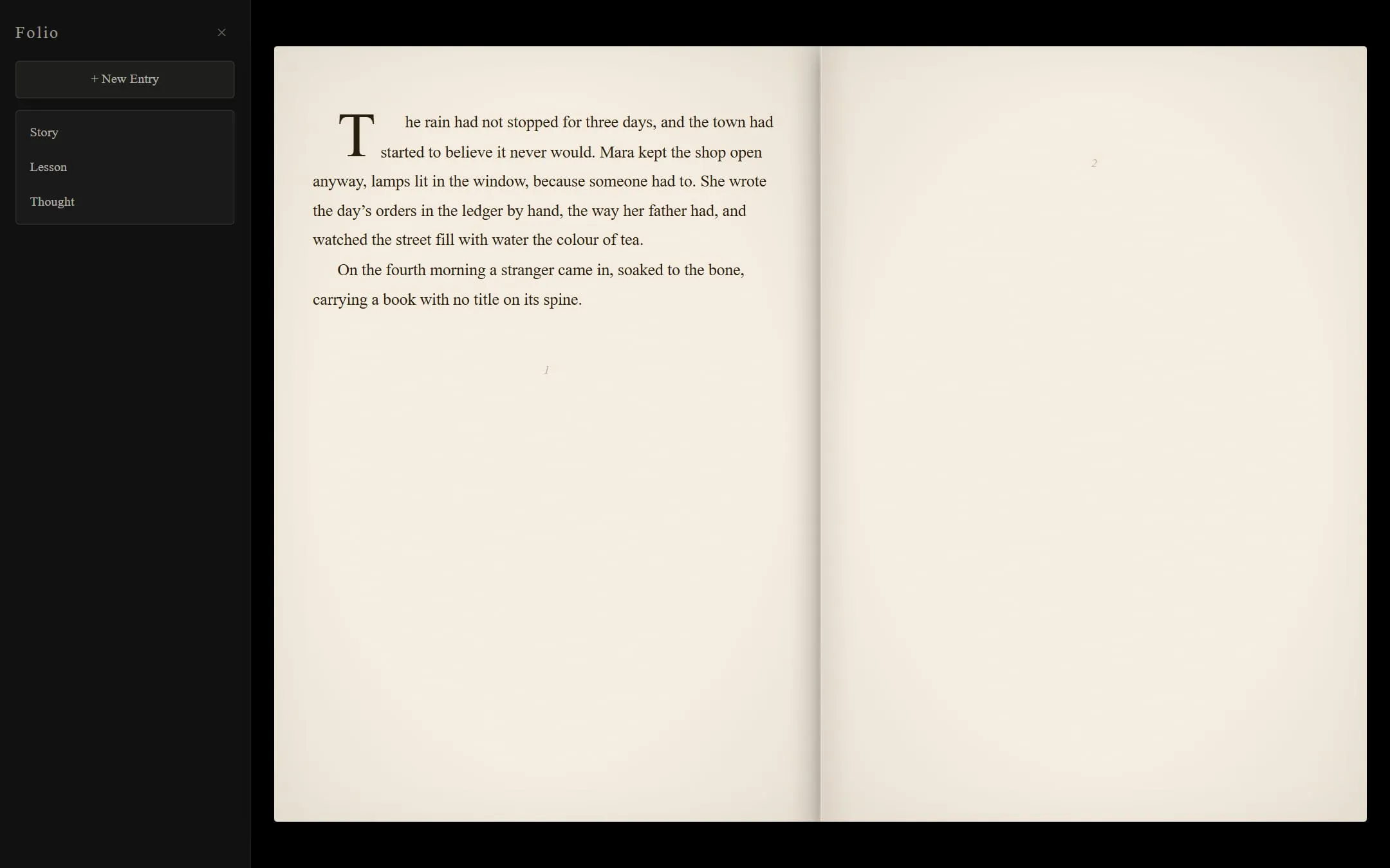 Folio, a writing app that looks like a printed book