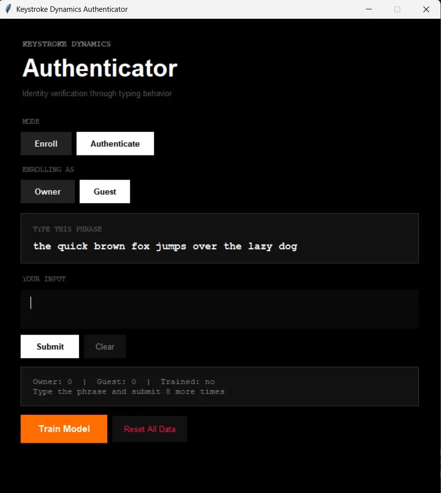 The keystroke dynamics authenticator desktop app
