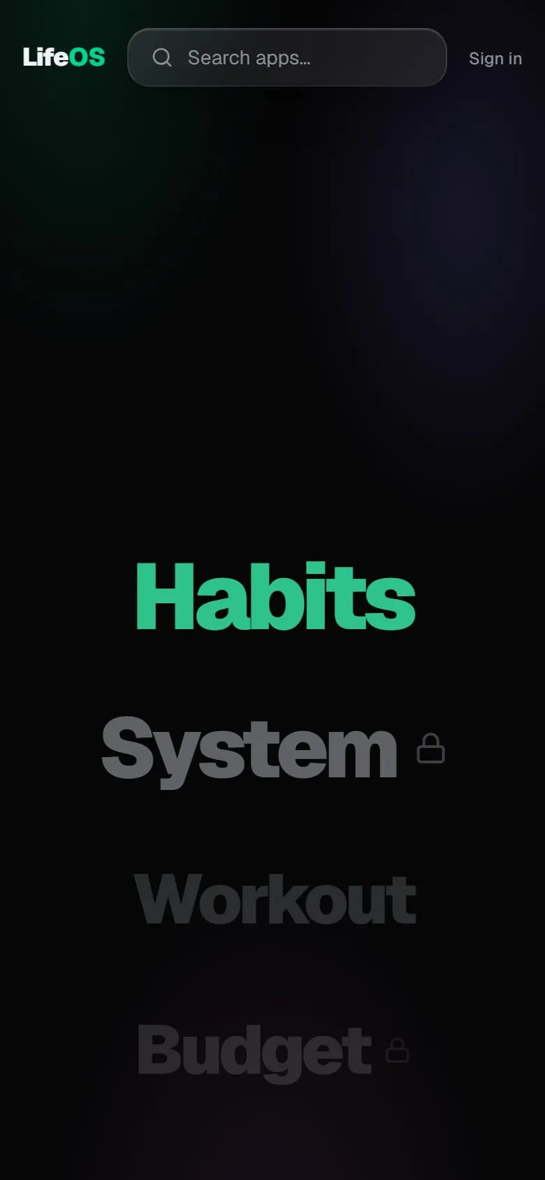 LifeOS on a phone as a big typographic list