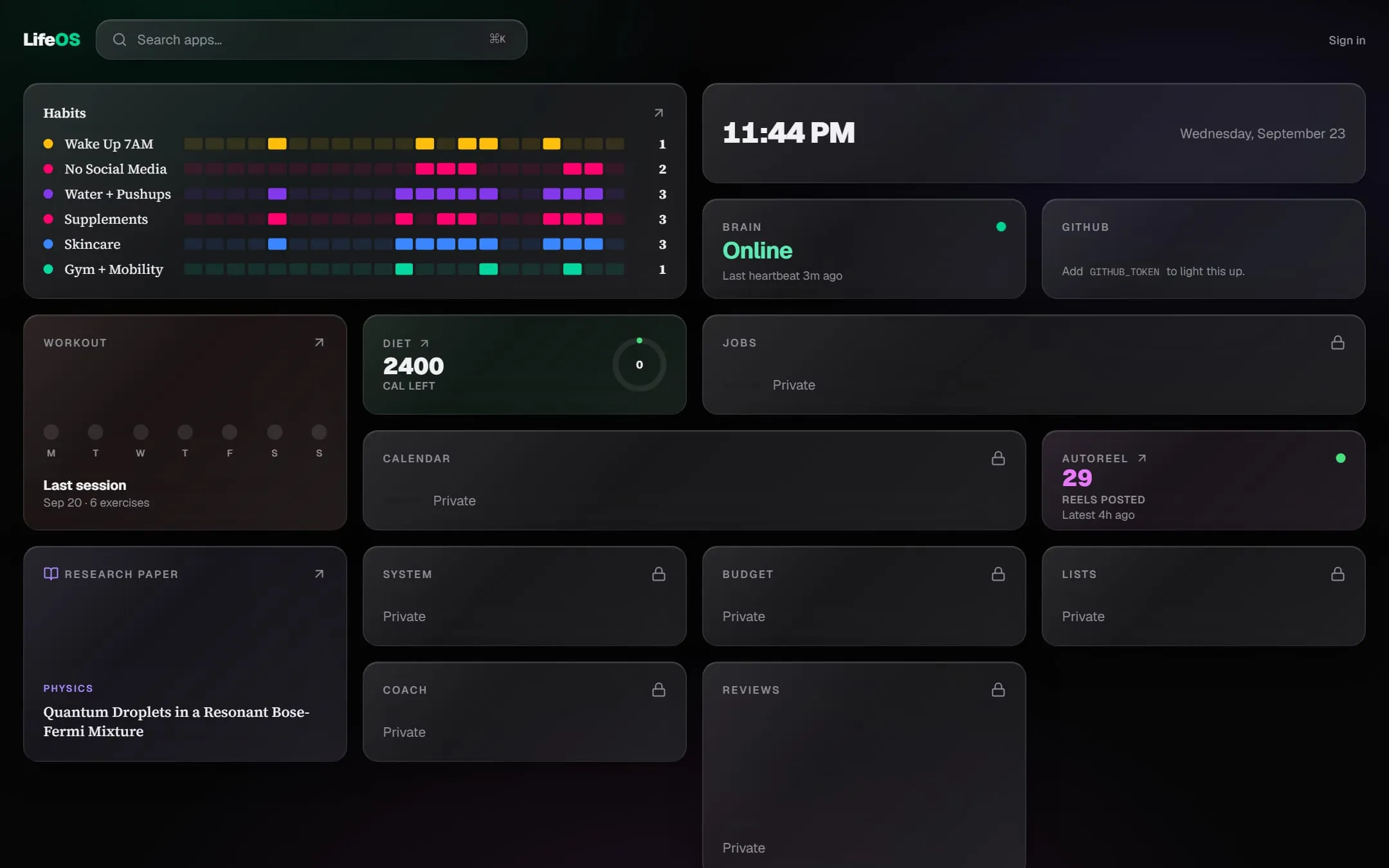 The public LifeOS dashboard with its grid of app widgets